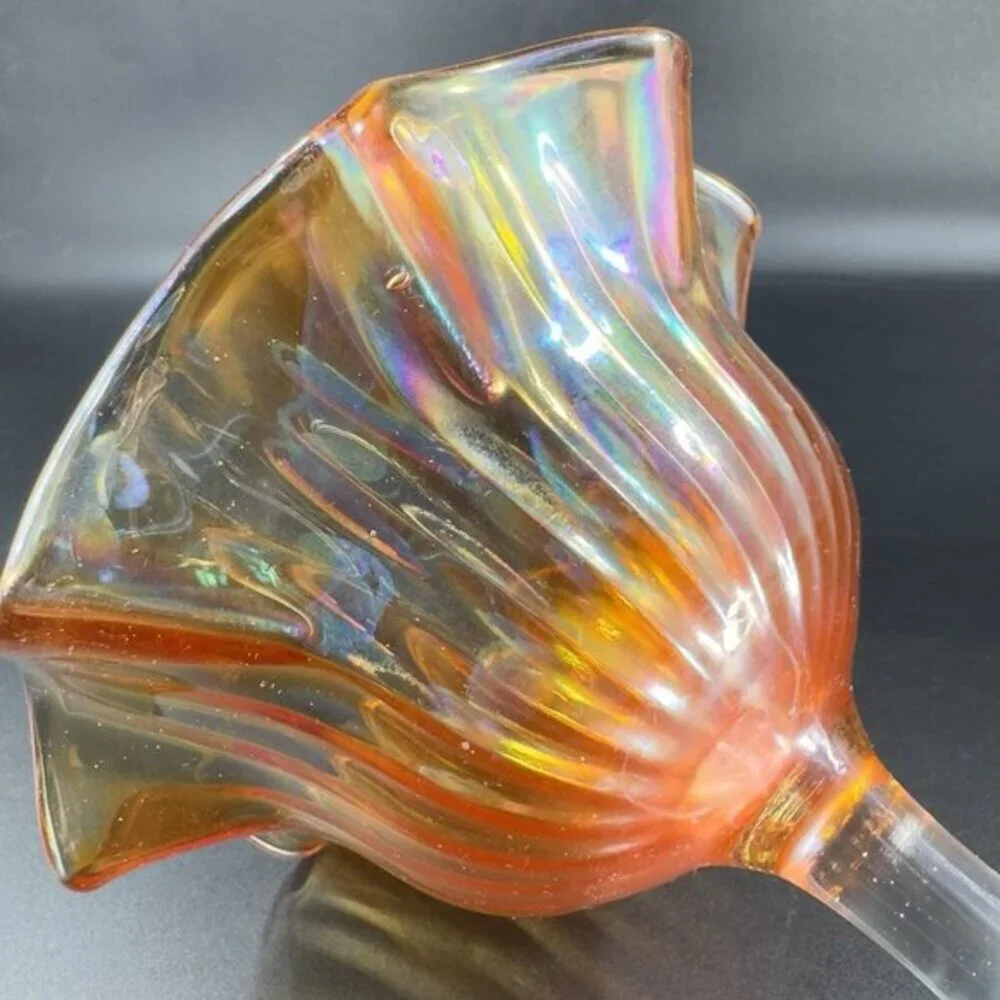 VTG Marigold Carnival Glass Iridescent Ruffled Pedestal Compote Footed Dish Bowl